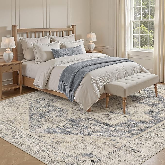 6x9 Area Rugs for Living Room - Large Carpet Ultra Thin Soft Washable Oriental Vintage Floral Distressed Big Indoor Carpets for Bedroom Nursery Dorm Home Decor Aesthetic - Blue Beige