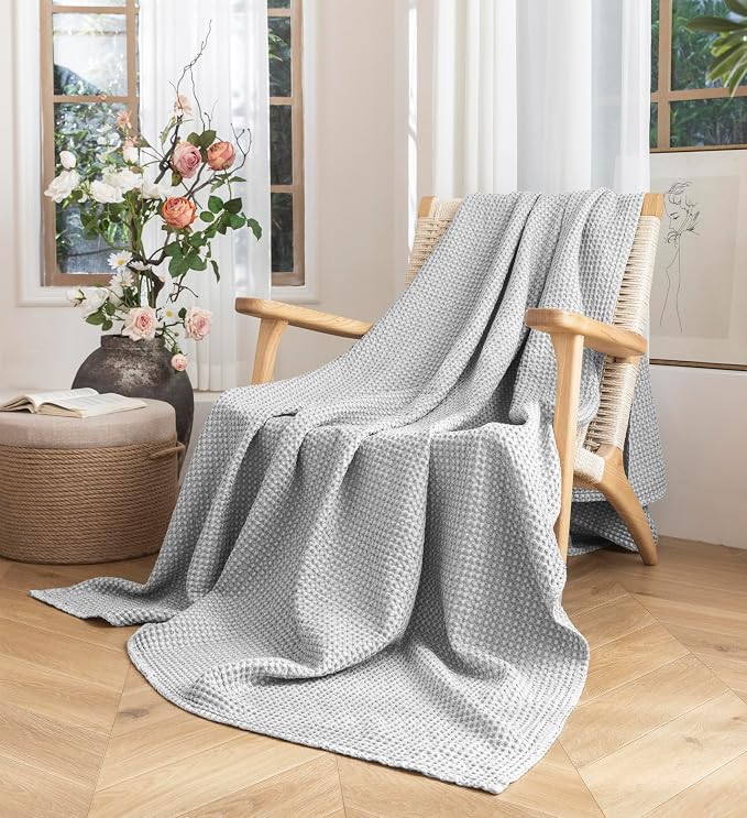 Talasily 100% Cotton Blanket Throw Size for Bed - Spring and Summer Cooling Lightweight & Breathable Bedding -Soft Waffle Weave Christmas Blanket, Machine Washable,Gray,50x60 Inches
