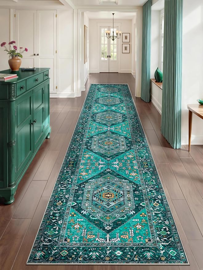 SERISSA Runner Rug for Hallways, 2'6"x14' Washable Non Slip Kitchen Runner Rug, Extra Long Boho Rug Ultra Soft Vintage Teal Print Floor Carpet for Bedroom Hallway Entryway Bathroom Laundry Room