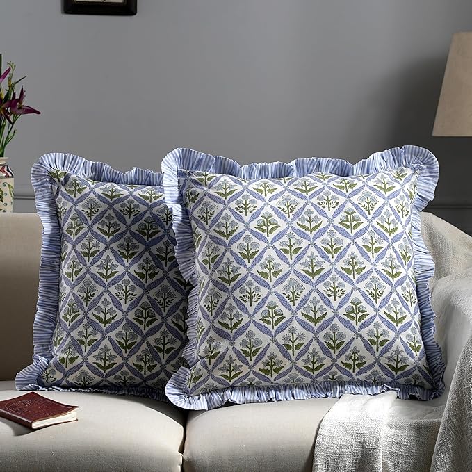 Ridhi Block Print Light Steel Blue Throw Pillow Cover 18" x 18" (Pack of 2) Decorative Cushion Covers with Ruffle for Couch, Sofa, Bed, Living Room, Home Decor Gift for Spring, Easter, Valentine