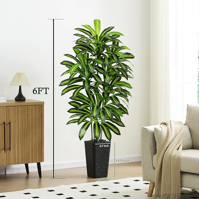 Artificial Dracaena Tree - 6FT Tall Fake Plants with Black Square Planter - Artificial Plants Indoor Floor Plant in Pot - Large Tropical Fake Yucca Potted Tree for Home Office Living Room Decor