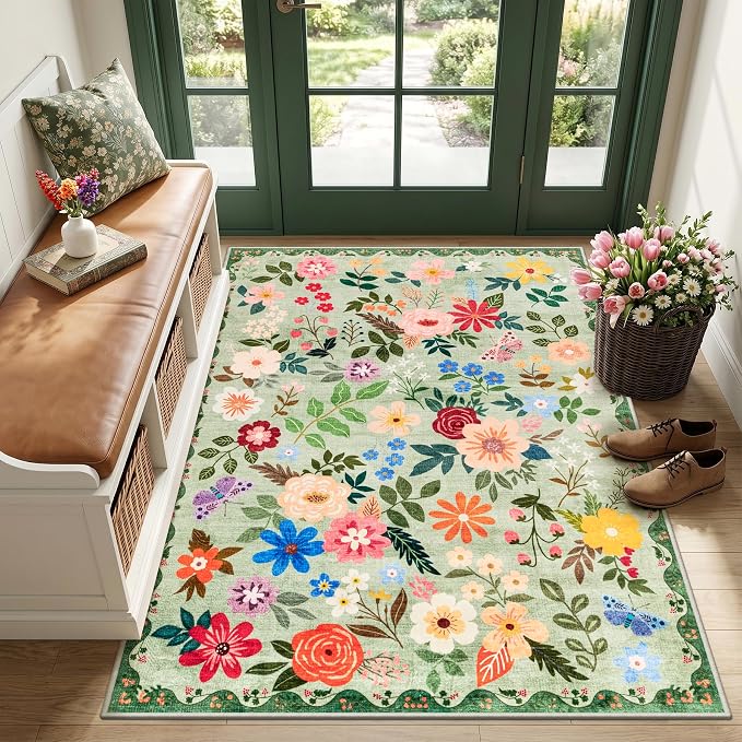 Area Rug Living Room Rugs: Floral 3x5 Washable Rug Vintage Soft Boho Non-Slip Carpet Indoor Floor Stain Resistant Large Carpets for Bedroom Dining Room Farmhouse Nursery Hallway Green