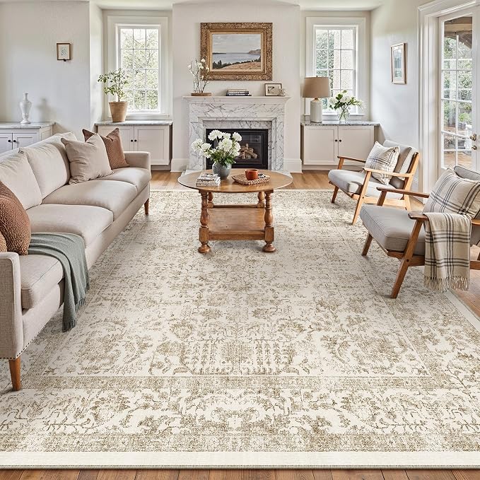 PureCozy Light Brown Area Rug 10x12 Machine Washable Large Vintage Living Room Distressed Non Slip Carpet Traditional Indoor Bedroom Retro Floral Accent Throw Rug for Office Kitchen Dining Room