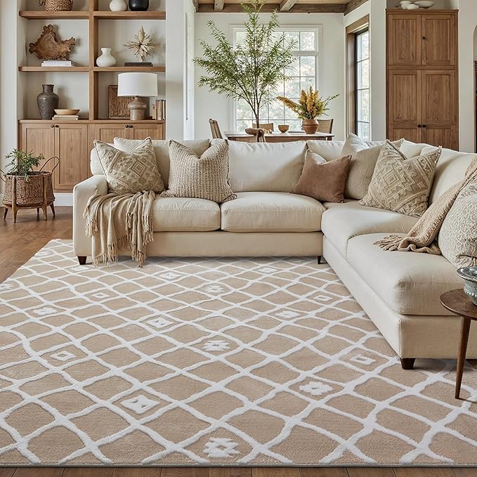 PureCozy 8x10 Area Rug for Living Room Beige Brown Washable Bedroom Rug Non Slip Soft Modern Moroccan Neutral Shag Checkered Carpet Boho Dining Room Office Playroom Nursery