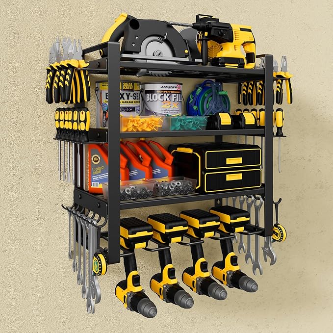 Jusgym Power Tool Organizer Wall Mount |200lbs Garage Storage Rack with 4 Cordless Drill Holder |4-Tier Heavy Duty Tool Storage Rack for Garage Organization |Gift for Men
