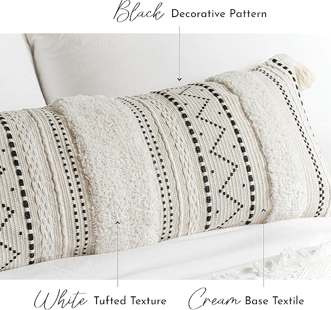 BlissBlush 20X54 Oversized Large Lumbar Pillow Cover for Bed, Rectangular Long Decorative Throw Pillowcase, Cotton Boho Accent Cushion with Black Tufted Pattern and Tassels, Cream Neutral (Cover Only)
