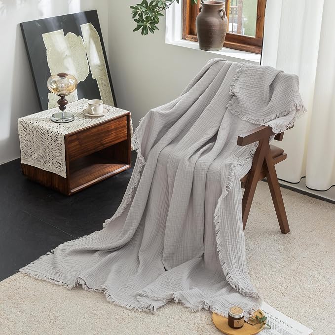 FOSSA Muslin Blanket 4-Layer 100% Cotton Gauze Blanket with Fringe 50"x70" | Super Soft Breathable Lightweight All Season & Decorative Blanket or Bed, Sofa, Office (Grayish,Throw XL)
