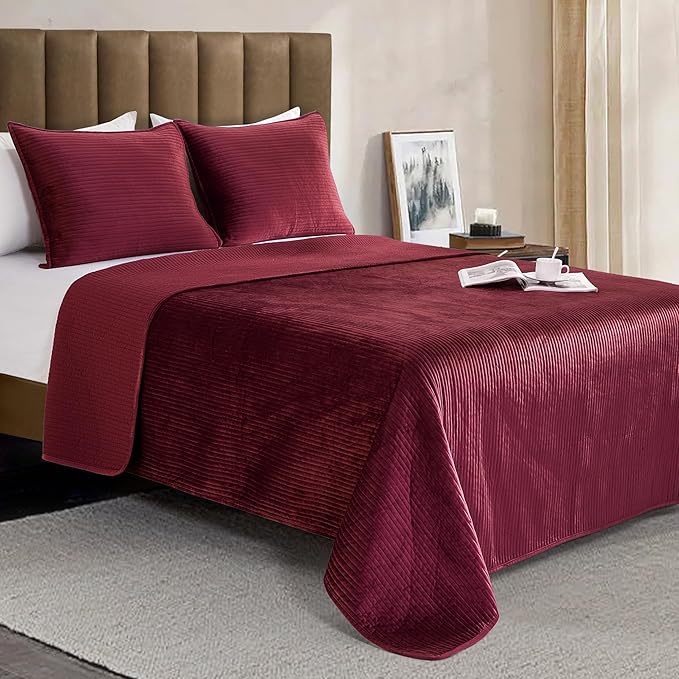 Elegant Comfort Luxury 3-Piece Velvet Corduroy Stripe Quilt Set, Ultra Soft Bedspread - Cozy Velvet Coverlet Set - 3PC Medium Weight Quilted Set with Matching Pillow Shams, Queen, Burgundy