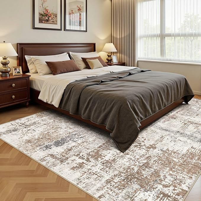 UERMEI Area Rug Living Room Rugs - Washable Neutral Modern Abstract Soft Thin Rug Indoor Floor No Slip Rug Carpet for Bedroom Under Dining Table Home Office Decor - Brown/Grey/Red - 9x12