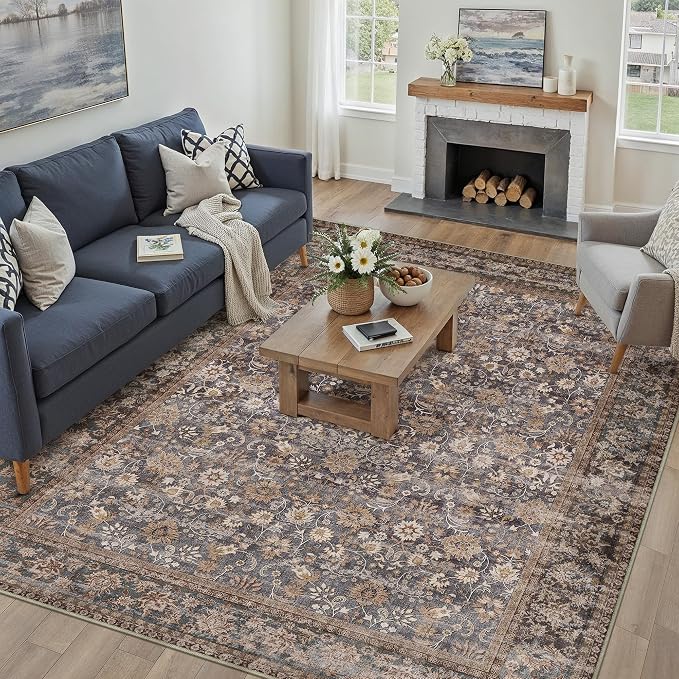 HUGEAR 9x12 Machine Washable Rugs Tradition Brown Hallway Large Area Rug Indoor Accent Rug Floral Low Pile Carpet Soft Throw Aesthetic Rug Bedroom Living Room Office Dining Room Kitchen Laundry Room