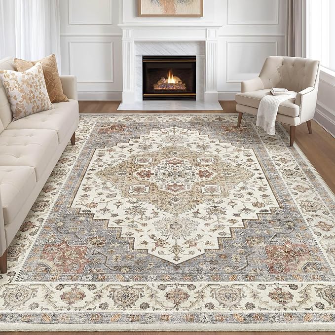 7x9 Area Rug Living Room: Washable Boho Large Neutral Vintage Soft Rugs Stain Resistant Farmhouse Non-Slip Indoor Floor Carpet for Bedroom Nursery Kids Playroom Office Dining Room- Orange Beige