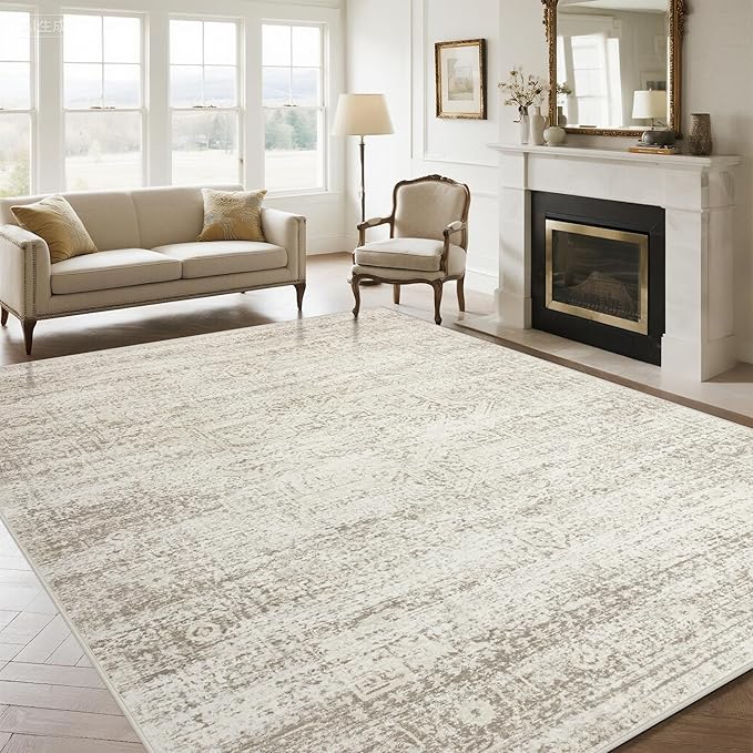 Srugn Washable Rugs 9x12 Area Rugs for Living Room,Rugs for Bedroom, Large Carpets,Ultra Soft Faux Wool Retro Dining Room Rug,Non Slip&Non-Shedding Low Pile Vintage Print Rug Indoor for Home Office
