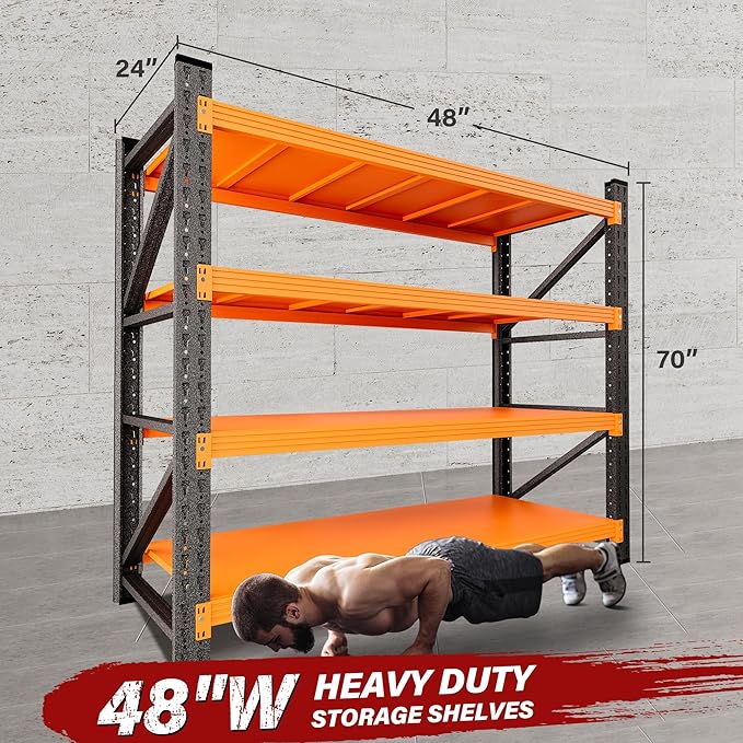48" Wide Heavy Duty Garage Shelving Units,3000LBS Deep Storage Shelves,Orange Metal Garage Shelves,Large Storage Rack,Steel Shelf,Industrial Shelving for Shop,Warehouse,Basement,48" W x 24" D x 70" H
