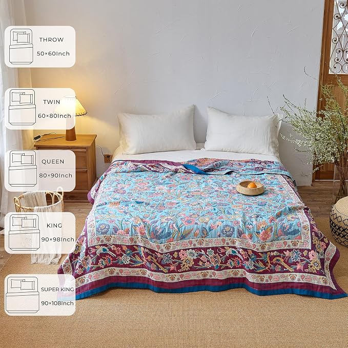 Boho Throw Blanket for Home Decor,Ultra Soft Spring Rustic Classic Quilt,100% Cotton Muslin Blankets for Adults, Reversible Woven Decorative Blanket for Bed Layering Use, Purple Bird& Floral, 60"x80"