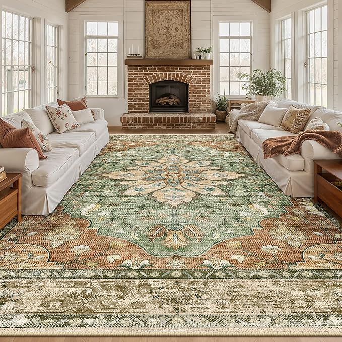 RELEANY Area Rugs 10'x12' Washable Non-Slip, Floral Vintage Distress Print Pattern Medallion Carpet for Living Room Bedroom Dining Room, Brick Red Rust Neutral Brown Burnt Orange Green
