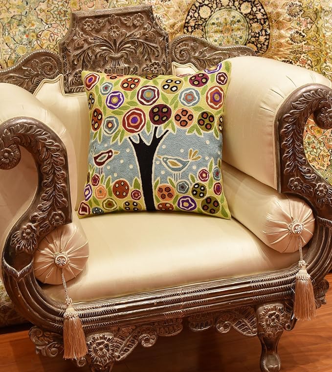 Blue Tree of Life Throw Pillow Cover Karla Gerard Floral Pillowcase Floral Chair Cushion Kids Room Blue Farmhouse Pillowsham Couch Hand Embroidered 18x18 Inch