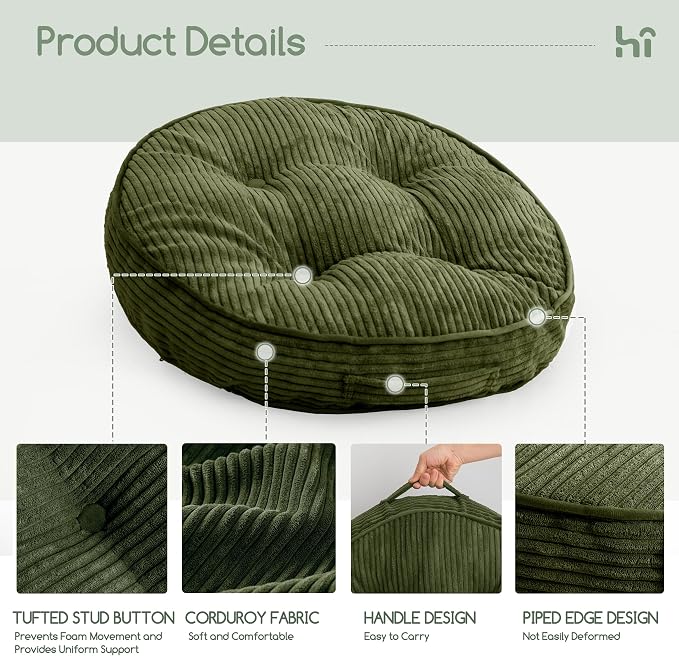 HIGOGOGO Floor Pillow Cushion for Adults, Meditation Cushion Pillow, Large Round Floor Sitting, Tufted Corduroy Cover, for Tatami Living Room or Yoga, 22x22 Inch, 2Pack, Dark Green