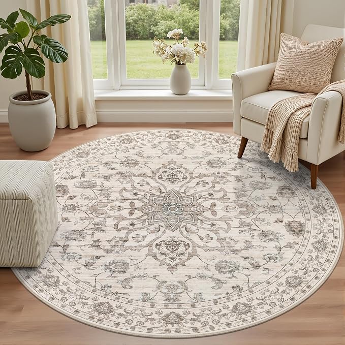 Round Area Rug for Living Room: 4 ft Washable Vintage Boho Soft Thin Circle Rug Indoor Floor No Slip Stain Resistant Carpet for Bedroom Dining Room Farmhouse Nursery Home Office - Brown Beige