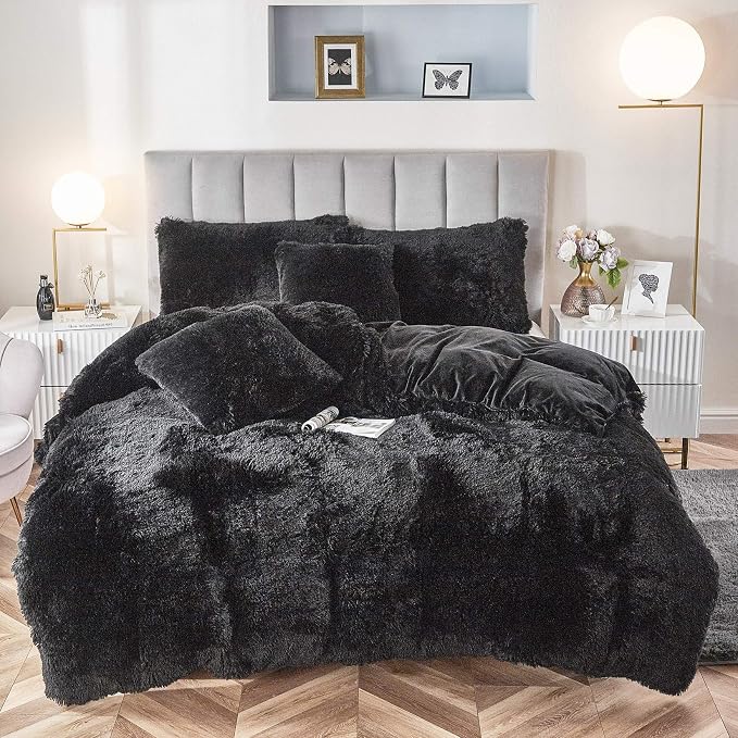 Faux Fur Velvet Fluffy Bedding Duvet Cover Set Down Comforter Quilt Cover with Pillow Shams, Ultra Soft Warm (Black, King)