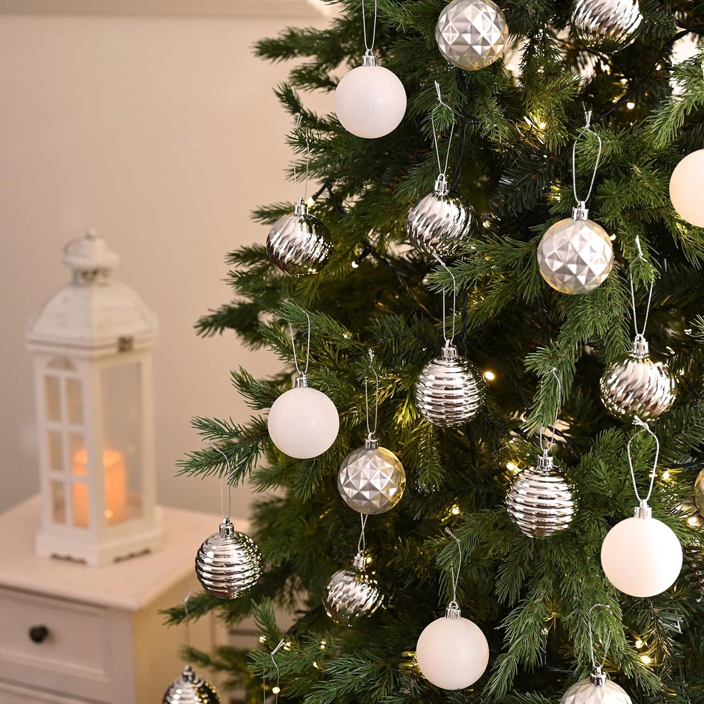 Valery Madelyn Christmas Ornaments Tree Decorations Set for Fall Halloween, 24ct Silver White Shatterproof Ball Ornaments, 2.36" Hanging Ornament Bulk for Xmas Holiday Party Decor