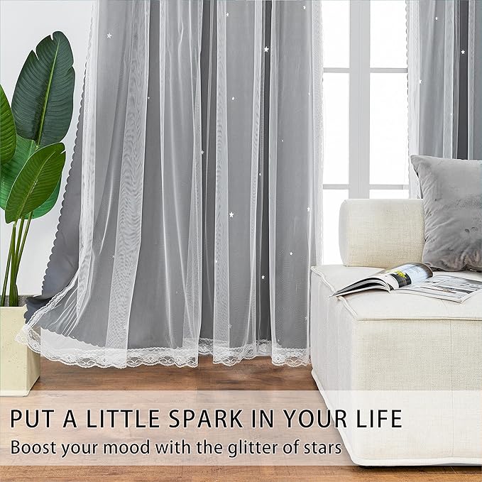 XiDi Star Curtains - Unicorn Kids Room & Bedroom Blackout Curtains, 63x52in, 2 Panel Sets, Grey