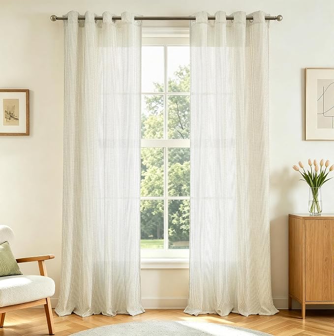 DriftAway 3D Chenille Striped Curtains 90 Inches Long Tweed Linen Textured Light Filtering Woven Embroidered Luxury Soft Drapes for Living Room Bedroom Grommet Privacy 2 Panels W52 x L90 Green Gray