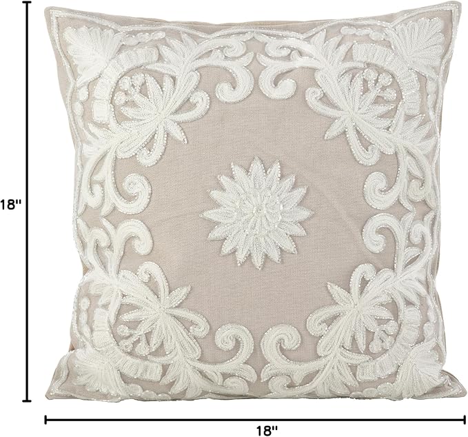 SARO LIFESTYLE Embroidered Floral Design Beaded Cotton Poly Filled Throw Pillow, 18", Ivory