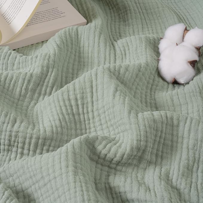 David's Home 100% Natural Cotton Muslin Blanket King Size, 4-Layer Soft Breathable Lightweight Cozy Throw Guaze for Hot Sleepers, 3D Bubble Room Decor for Bed Couch, Giftable, Sage Creen, 108"x90"
