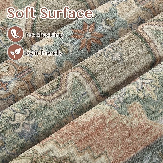 Tortania Area Rug 2x3 Doormat - Washable Vintage Oriental Farmhouse Soft Thin Indoor Carpet for Living Room Bedroom Hallway Entryway Kitchen - Sage Terracotta