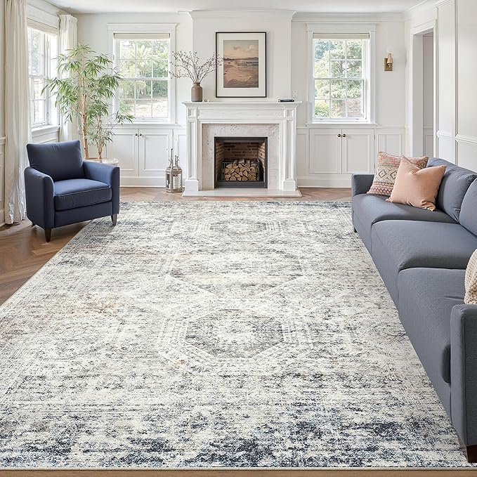 Soalmost 10x14 Area Rugs for Living Room, Non Slip Machine Washable Vintage Rugs, Low Pile Lightweight Large Rug for Bedroom, Dining Room, Home Office Blue Ivory