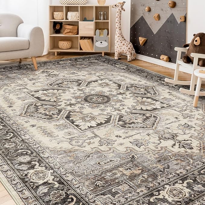 9x13 Area Rugs for Living Room - Large Carpet Ultra Thin Soft Washable Oriental Vintage Floral Distressed Rug Big Indoor Carpets for Bedroom Nursery Dorm Home Decor Aesthetic - Grey Brown