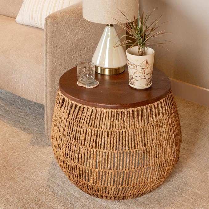 Bloomingville Hand-Woven Seagrass and Pine Wood Round Side Table, Natural