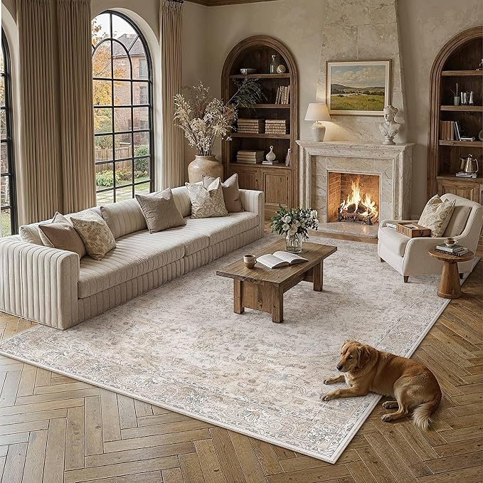HUGEAR Area Rugs 8x10 Washable Rug for Living Room Bedroom Beige Large Vintage Rug Carpet Low Pile Non Slip No Shedding Soft Durable Indoor Dining Room Home Decor Floor Mat