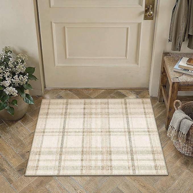 2x3 Beige Area Rug for Entryway Machine Washable Low Pile Checkered Mat Modern Accent Soft Non Slip Small Carpet for Entrance Bathroom Bedroom Indoor