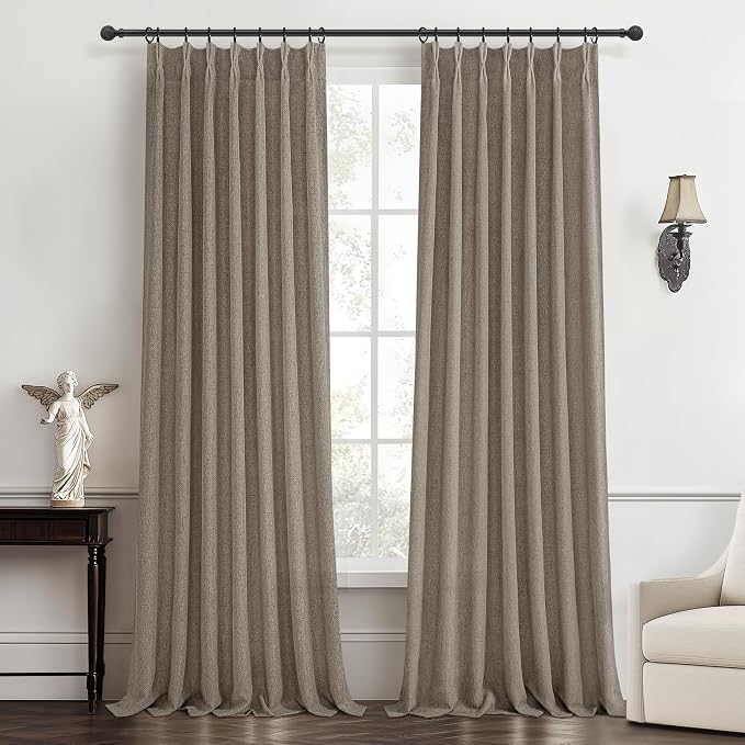 Dark Flax Extra Long Floor to Ceiling Viral Drapes 108 Inches Long 2 Panels for Sliding Glass Door, Luxury Pleat Linen Blend Living Room Light Filtering Curtain with Ceiling Track Large Linen Burg