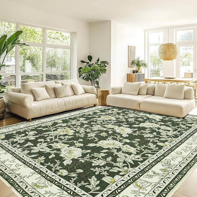 Olive Green Floral Print Area Rugs for Bedroom Living Room Boho Farmhouse Country Rustic Dining Room Carpet Soft Washable Rugs Non Slip Floor Covering for Nursery Playroom 10x14
