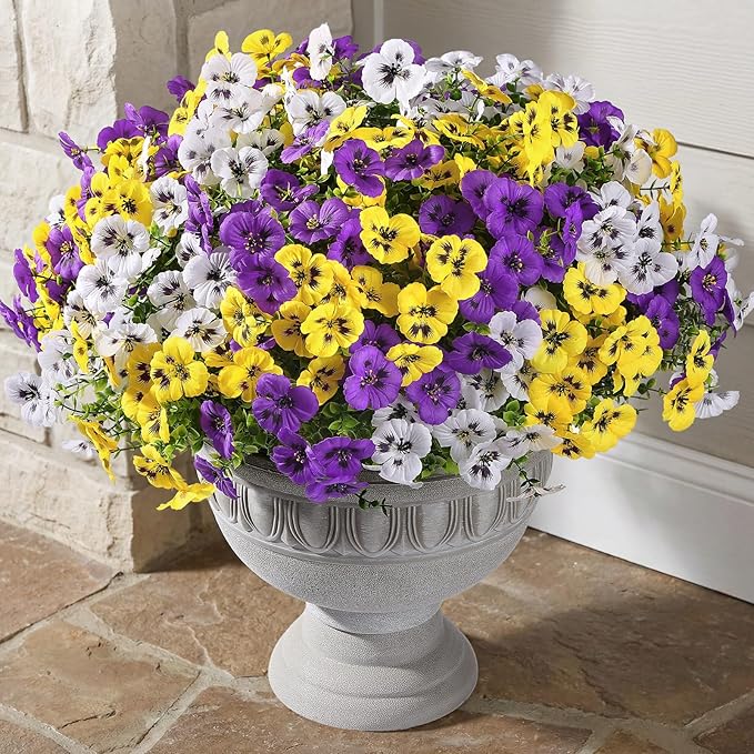 Alupssuc 36 Bundles Artificial Flowers for Outdoors, Fake Spring Flowers for Decoration, UV Resistant Realistic Pansies with Eucalyptus Silk Faux Flowers for Porch Patio Yard, Purple Yellow White