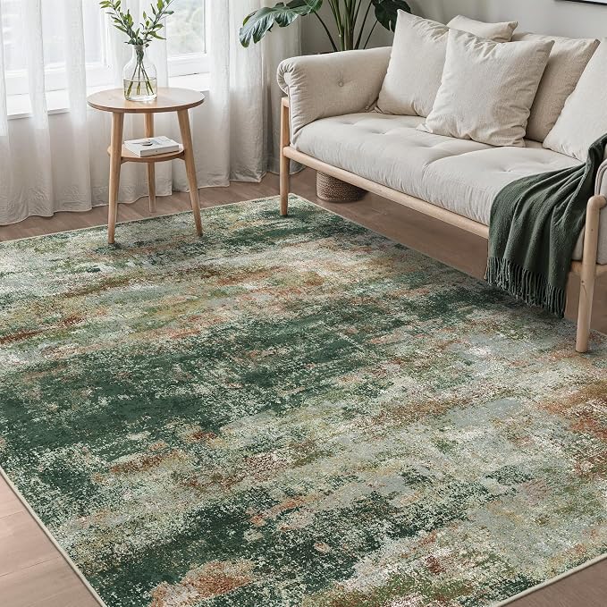 BEIMO Area Rugs 9x12 for Living Room Bedroom, Modern Abstract Machine Washable Rug, Large Soft Low Pile Floor Carpet with Non Slip Backing for Dining Room, Green/Brown