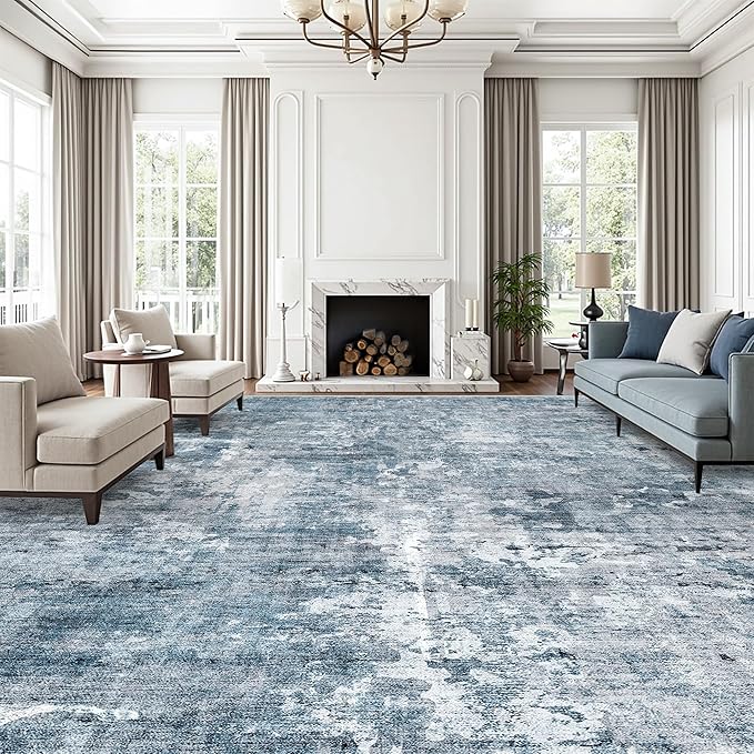 Soalmost 10x14 Area Rugs for Living Room, Non Slip Machine Washable Vintage Rugs, Low Pile Lightweight Large Rug for Bedroom, Dining Room, Home Office Blue