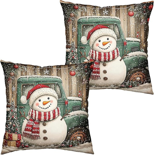 Christmas Snowman Pillow Covers 18x18 Set of 2 Green Xmas Truck Throw Pillow Covers Wooden Pattern Background Pillowcase Winter Holiday Cushion Case for Living Room Sofa Couch