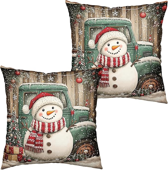 Christmas Snowman Pillow Covers 16x16 Set of 2 Green Xmas Truck Throw Pillow Covers Wooden Pattern Background Pillowcase Winter Holiday Cushion Case for Living Room Sofa Couch