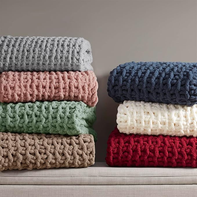 Madison Park Chenille Chunky Knit Handmade Throw Blanket, Luxuriously Soft Gift Blankets, Cottage Style Room Décor, Lightweight & Breathable All Seasons Throw Blanket for Couch, 50" W x 60" L Blush