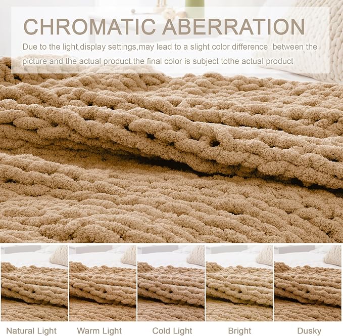 Chunky Knit Throw Blanket 60x80, 100% Handmade Chenille Yarn | 6.7lbs Soft Thick Cable Knitted Blankets, Large Rope Knot Crochet Throws for Couch Sofa Bed Machine Washable, Tan Brown
