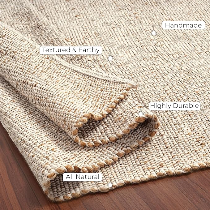GRUHUM Jute Cotton Area Rug 9'x12' ft Large Rectangle Hand Woven Natural Farmhouse Rugs for Living Room, Bedroom, Kitchen, High Traffic Area - Rustic Vintage Bohemian Eco-Friendly 9x12ft Natural