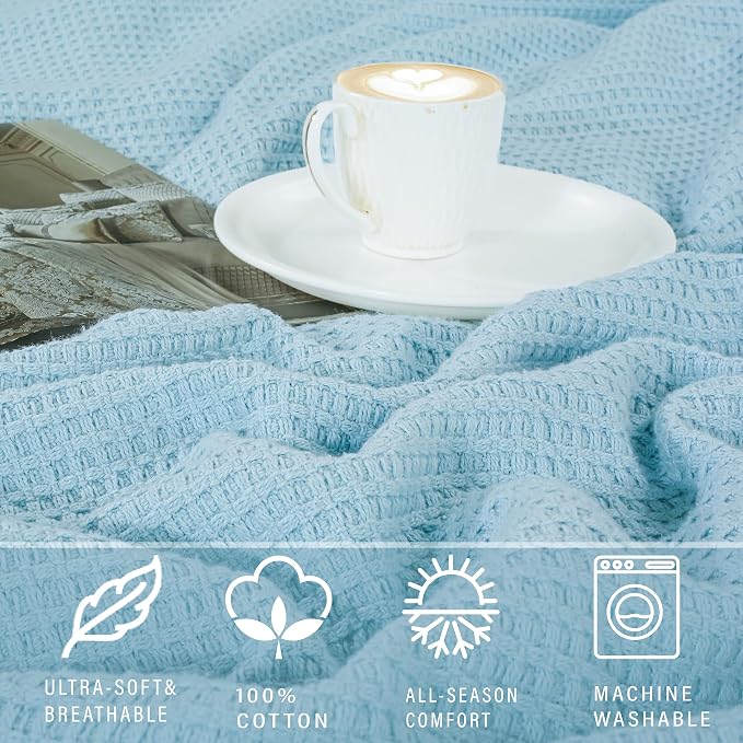 TreeWool Premium 100% Cotton Waffle Summer King Blanket (90"x108", L Blue) | 420 GSM Breathable Lightweight Moisture Wicking Soft Knit Thermal Blanket for Bed or Sofa All-season Comfort Machine Washable