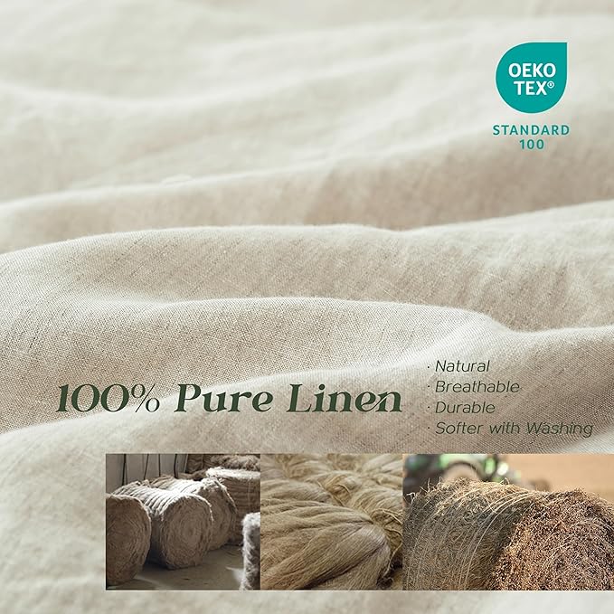 Simple&Opulence 100% Linen Duvet Cover Set, 3 PCS Natural French Flax Linen Duvet Cover Queen Size, Breathable Soft Comfy Linen Bedding Comforter Cover with 2 Pillowcases(Linen, 88"x92")