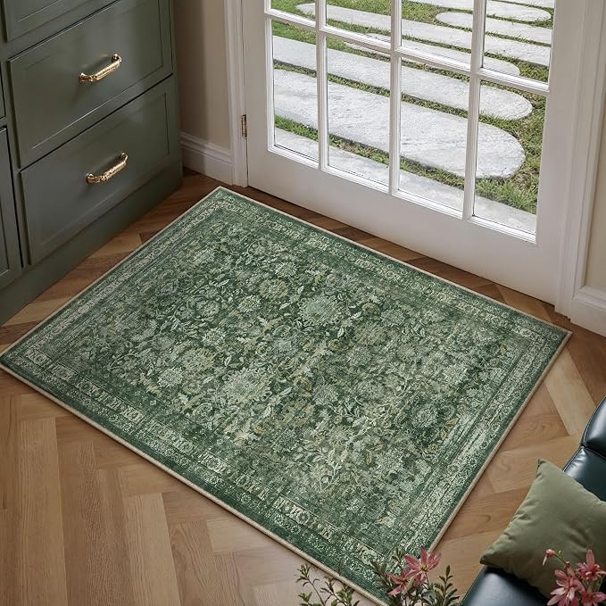 2x3 Green Washable Neutral Area Rug for Entryway Non Slip Soft Thin Throw Rug Floral Durable Low Pile Carpet Modern Stain Resistant Door Mat for Living Room Laundry Kitchen Playroom
