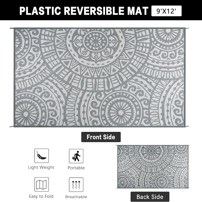 HUGEAR 9x12 Outdoor Boho Rug Grey Patio Waterproof Rug Home Decor Reversible Plastic Straw Rugs Outside Indoor Floor Mat for Camping Balcony RV Deck Porch Pool Backyard
