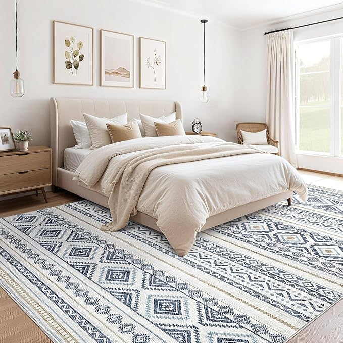 cotiled 9x12 Area Rug Living Room: Washable Boho Rugs with Non Slip Backing Large Soft Indoor Stain Resistant Carpet for Bedroom Farmhouse Dining Room Lightweight Home Decor Blue