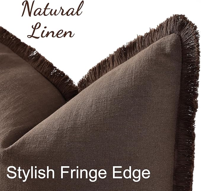 decorUhome Summer Decorative Neutral Linen Fringe Euro Sham Throw Pillow Covers Set of 2 Chocolate Pillow Covers with Tassels Soft Farmhouse Boho Accent Pillow Cases for Couch Bed Sofa 22x22 Inch
